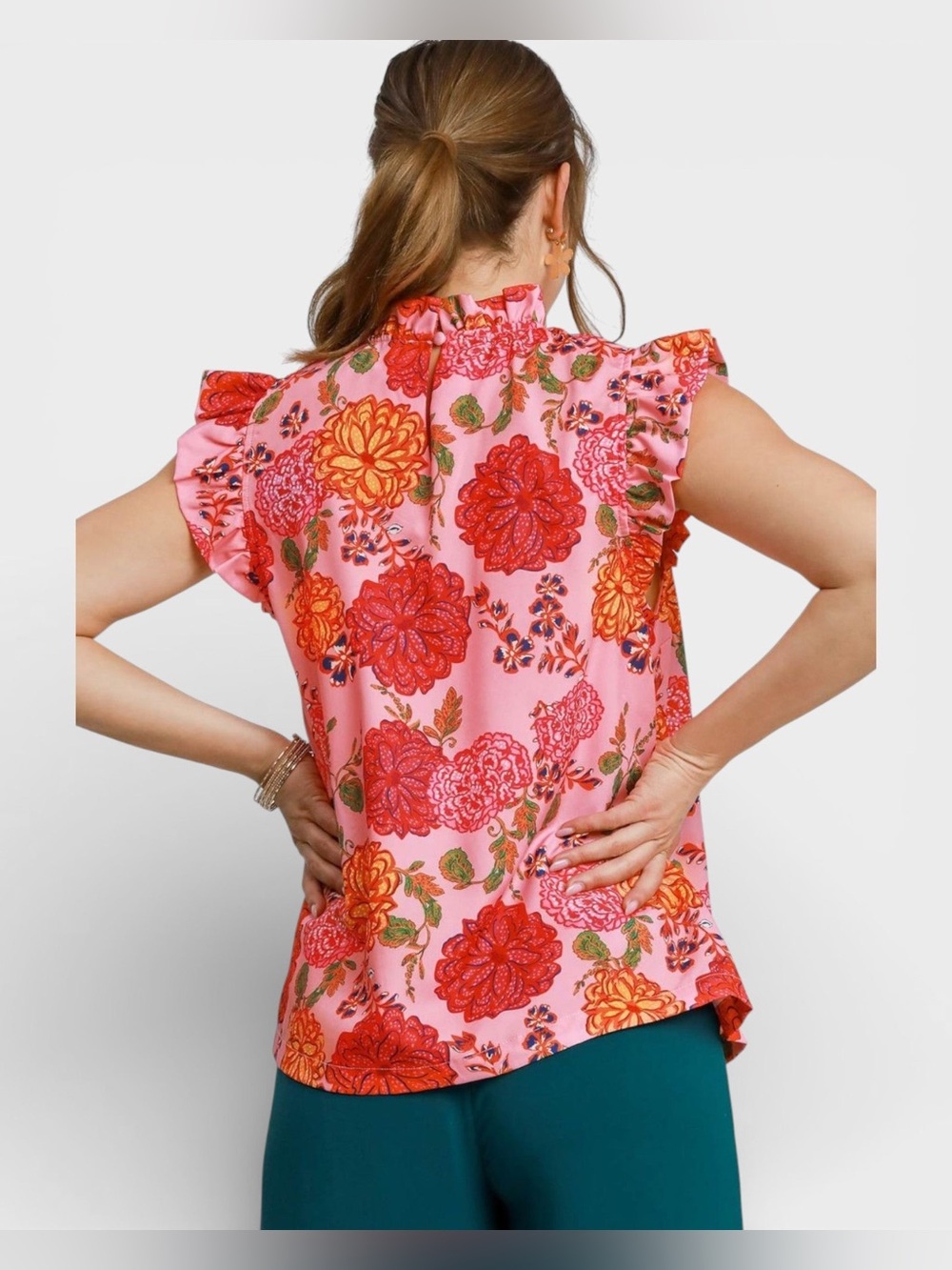 Umgee Pink & Red Floral Ruffle Blouse - Picture 3 of 6